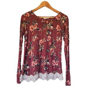 Soft Knit Feminine Cottagecore Floral Romantic Maroon Long Sleeve Lace Trim Tee